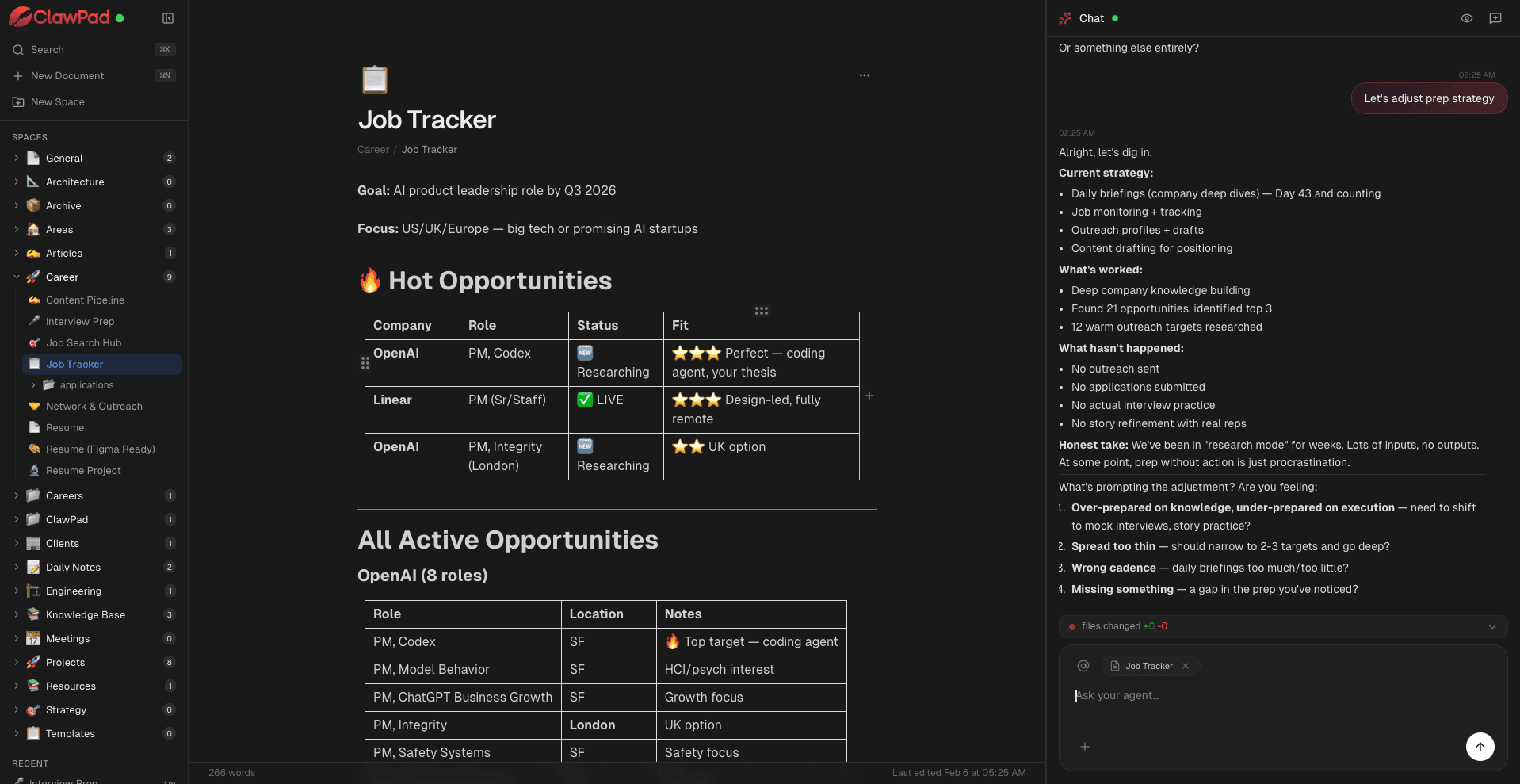ClawPad Editor Preview - Job Tracker with AI Chat